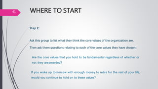 Step 2:
Ask this group to list what they think the core values of the organization are.
Then ask them questions relating to each of the core values they have chosen:
Are the core values that you hold to be fundamental regardless of whether or
not they are awarded?
If you woke up tomorrow with enough money to retire for the rest of your life,
would you continue to hold on to these values?
WHERE TO START41
 