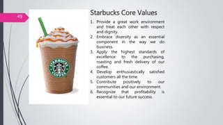 Starbucks Core Values
1. Provide a great work environment
and treat each other with respect
and dignity.
2. Embrace diversity as an essential
component in the way we do
business.
3. Apply the highest standards of
excellence to the purchasing,
roasting and fresh delivery of our
coffee.
4. Develop enthusiastically satisfied
customers all the time.
5. Contribute positively to our
communities and our environment.
6. Recognize that profitability is
essential to our future success.
49
 