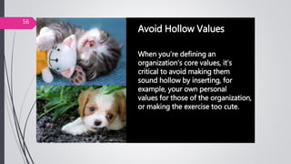 Avoid Hollow Values
When you’re defining an
organization’s core values, it’s
critical to avoid making them
sound hollow by inserting, for
example, your own personal
values for those of the organization,
or making the exercise too cute.
56
 