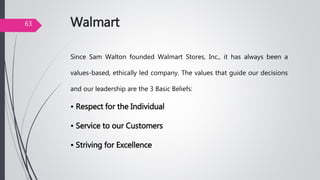 Walmart
Since Sam Walton founded Walmart Stores, Inc., it has always been a
values-based, ethically led company. The values that guide our decisions
and our leadership are the 3 Basic Beliefs:
• Respect for the Individual
• Service to our Customers
• Striving for Excellence
63
 