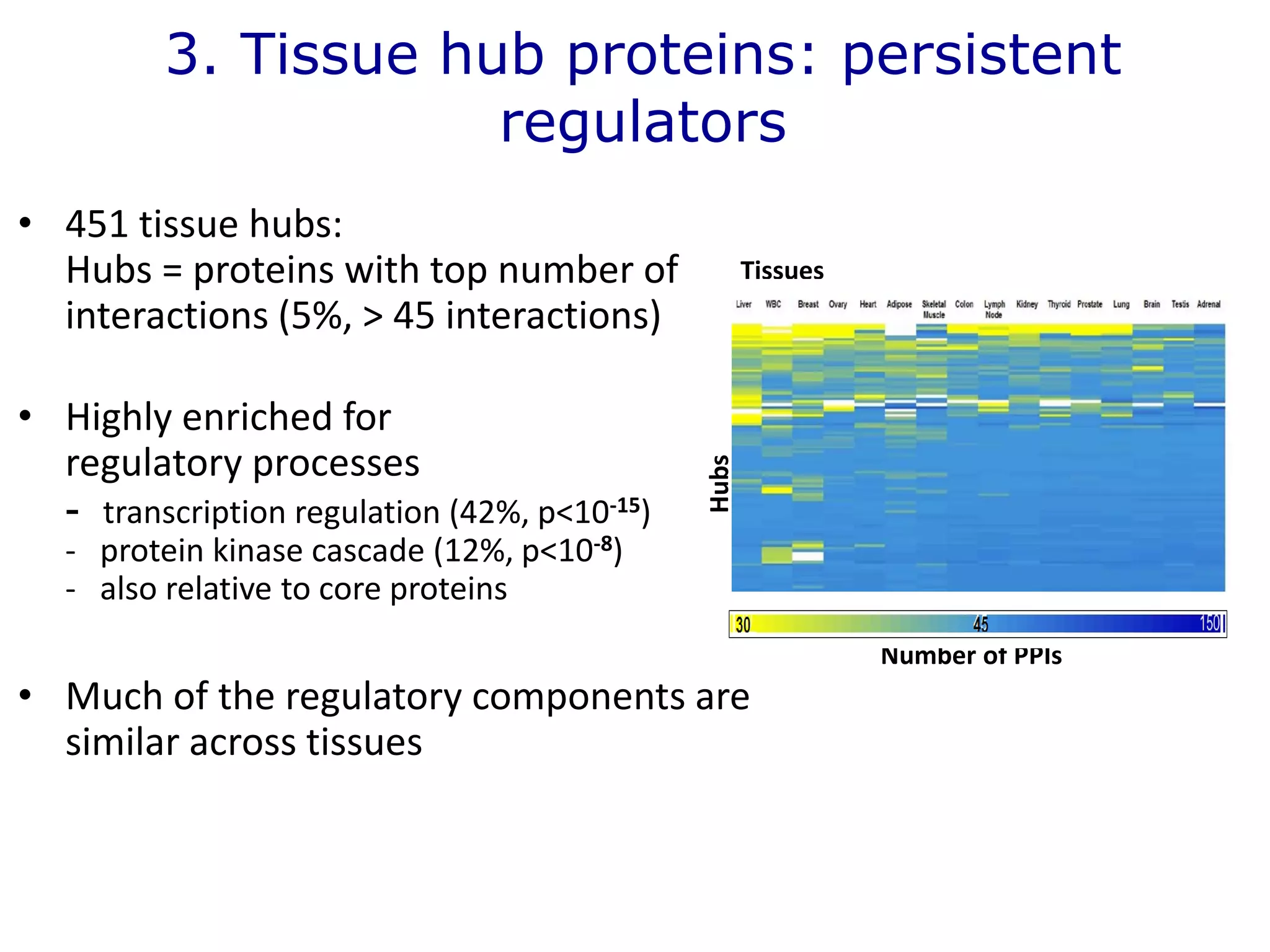 3. Tissue hub proteins: persistent
regulators
• 451 tissue hubs:
Hubs = proteins with top number of
interactions (5%, > 45 interactions)
• Highly enriched for
regulatory processes
- transcription regulation (42%, p<10-15)
- protein kinase cascade (12%, p<10-8)
- also relative to core proteins
• Much of the regulatory components are
similar across tissues
Number of PPIs
30 45 150
Hubs
Tissues
 
