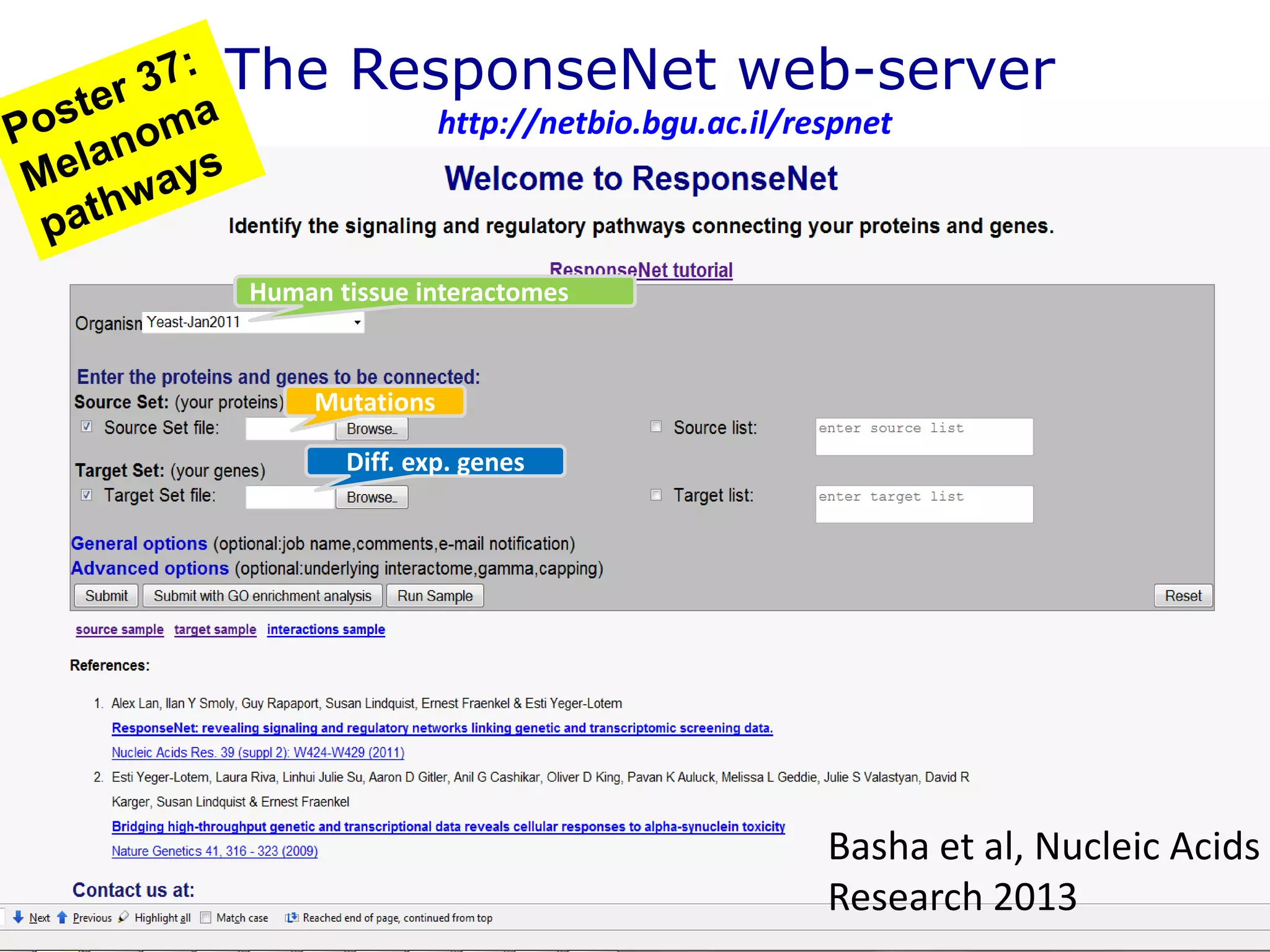 The ResponseNet web-server
http://netbio.bgu.ac.il/respnet
Basha et al, Nucleic Acids
Research 2013
Mutations
Diff. exp. genes
Human tissue interactomes
 