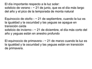 El día importante respecto a la luz solar: solsticio de verano - ~ 21 de junio, que es el día más largo del año y el pico de la temporada de monta natural Equinoccio de otoño - ~ 21 de septiembre, cuando la luz es la igualdad y la oscuridad y las yeguas se apague en transición caída solsticio de invierno - ~ 21 de diciembre, el día más corto del año y yeguas están en anestro profundo El equinoccio de primavera - ~ 21 de marzo cuando la luz es la igualdad y la oscuridad y las yeguas están en transición de primavera. 