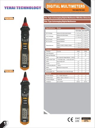11 600V 600V~
~
COM
YH1000
YH1001
EMC
LVD
IEC61010-1
1000V
CAT.III
~600 CA II
RANGE FUNC.
MAX
V
TEST
OFF
V~
Ω
YH1000PENTYPEMETER
AC
00V0
DATA
CAT II
600V COM ~
MAX
600V
CAT II 200mA
MAX
YH1001PENTYPEMETER
Am000
DC
FUNC
MAX
DATARANGE
LOGIC
~V
IIAC
MAX
200mA
~600V
Ω
~mA
OFF
Designed and Conforms to
DC Voltage
DC Current
AC Current
AC Voltage
Resistance
±（1.0%+5） ±（1.0%+5）
200mV/2V/20V/200V
200Ω
200mV/2V/20V/200V/600V ±（0.7%+2）
±（0.8%+3） ±（0.8%+3）
±（1.0%+3） ±（1.0%+3）
±（1.5%+3）
±（2.0%+3）
±（1.0%+3） ±（1.0%+3）
±（1.0%+1） ±（1.0%+1）
600V
20mA/200mA
20mA/200mA
200KΩ/20KΩ/200KΩ/2MΩ
Specifications Range Accuracy
Manual Ranging
Non-Contact AC Voltage Detection：〉50V AC
〉3.5V:High Level; 〈3.5V:Low Level
Auto Power Off
2.7V
〈50Ω
Maximum Value Hold
Data Hold
Retractable Tip for Safe Storage
NCV
Logic Level Test
APO
Diode
Continuity Buzzer
MAX
Retractable Tip
Power Supply
General
Display
Auto Ranging
Counts
20MΩ
2000
Features
2×1.5AAA Batteries
208mm×38mm×29mm/8.2"×1.5"×1.1"
110g/0.2Ib
CAT.III 600V
Product Size
Product Weight
Category CE ETL CE ETL
DIGITAL MULTIMETERS
YH1000/YH1001
YEHAI TECHNOLOGYYEHAI TECHNOLOGY
2000
YH1000
±（0.7%+2）
YH1001
Pen-Type Autoranging Digital Multimeter With Ncv Detector
Pen-Type Autoranging Digital Multimeter
 