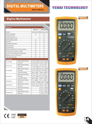 14
IEC61010-1
1000V
CAT.III
YH1011
EMC
LVD
YH1012
HOLD RANGE
YH1011
0000
DC
AUTO
A
HOLD RANGE
YH1012
0
DC
A
AUTO
000
REL Hz %
Designed and Conforms to
Display
Diode Test/Buzzer
Temperature Test
Frequency/Duty Cycle
Relative Measurement
Data Hold
Auto/Manual Ranging
Auto Power Off
Double Molded
Mechanical/Electronic Protection System
4000 Counts LCD
Convenient Fuse/Battery Charge Design
Life time warranty
DC Voltage
DC Current
AC Current
Resistance
Measurement Range
Accuracy
Measurement Range
Accuracy
Measurement Range
Accuracy
Frequency Range
Measurement Range
Frequency Range
Accuracy
Measurement Range
Accuracy
Measurement Range
0.1mV~1000V
±(0.5%+3 dgt)
0.1 ~10μA A
±(1.5%+3 dgt)
0.1mV~1000V
±(1.0% +3 dgt)
40Hz~ 500Hz
0.1μA~10A
±(1.5% +3 dgt)
40Hz~200Hz
0.1Ω~40MΩ
±(0.5% +2 dgt)
0.01nF~ 100μF
0.1mV~1000V
±(0.5% +3 dgt)
0.1μA~10A
±(1.5% +3 dgt)
0.1mV~1000V
±(1.0% +3 dgt)
40Hz~ 500Hz
0.1μA~10A
±(1.5% +3 dgt)
40Hz~ 200Hz
0.1Ω~40MΩ
0.01nF~ 100μF
AC Voltage
Conform to IEC 1010 CAT II 1000V
Battery Life up to 500 Hours
Features
4000 Counts LCD
Functions
±(0.5% +2 dgt)
Capacitance
Accuracy
Measurement Range
Accuracy
Measurement Range
Accuracy
±(3.0% +5 dgt) ±(3.0% +5 dgt)
10Hz~ 100kHz
±(0.1% +3 dgt)
-55℃~ 1000℃
±(2.0% +1℃)
YH1011/YH1012
DIGITAL MULTIMETERS YEHAI TECHNOLOGYYEHAI TECHNOLOGY
YH1011 YH1012
Frequency&Duty Ration
Temperature
Digital Multimeter
 