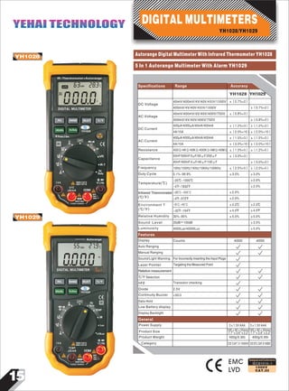 15
DIGITAL MULTIMETERS
IEC61010-1
1000V
CAT.III
8
0A
OFF
~ Ω
000
6323
μ
%RH
DC
DIGITAL MULTIMETER
REL RANGE SELECT ℃/ F
HOLD/B.L Hz/Duty
YH1028
Press 2 Sec
V
hFE
IR-T
Hz
Duty
1000V CAT II VΩHz600V CAT III
A
mA
μA
mV
1 0 A
h F E
μA/mA COM
MAX
750V
1000V
RESETTABLE
FUSED,10AMAX
IR-Thermometer+Autorange
Display
Auto Ranging
Counts 4000
±4.0 F
Environment T
(℃/ F） ±4.0 F
DC Current
AC Current
AC Voltage
Resistance
±（0.8%+3）
±（1.2%+3）
±（2.0%+10）
±（1.2%+5）
400μA/4000μA/40mA/400mA
4A/10A
400Ω/4KΩ/40KΩ/400KΩ/4MΩ/40MΩ
40mV/400mV/4V/40V/400V/750V
400μA/4000μA/40mA/400mA ±（1.5%+3）
4A/10A ±（3.0%+10）
Capacitance
50nF/500nF/5μF/50μF/200μF ±（3.0%+3）
Frequency 10Hz/100Hz/1KHz/10KHz/100KHz
Duty Cycle 0.1%~99.9% ±3.0%
Infrared Thermometer
(℃/ F）
-20℃~300℃
-4 F~572 F
±2.0%
±2.0%
Relative Humidity
-0℃~40℃ ±2.0℃
-32 F~104 F
30%~95% ±5.0%
400mV/4V/40V/400V/750V ±（0.8%+3）
±（1.2%+3）
±（2.0%+10）
±（1.5%+3）
±（3.0%+10）
±（1.0%+5）
40nF/400nF/4μF/40μF/100μF
±3.0%
±2.0%
±2.0℃
±5.0%
35dB~100dB ±3.5%
±5.0%4000Lux/40000Lux
±（2.0%+5） ±（2.0%+5）
±（3.0%+3）
Temperature(℃)
-20℃~1000℃
-4 F~1832 F ±2.0%
Sound Level
Luminosity
DC Voltage
±（0.7%+2）40mV/400mV/4V/40V/400V/1000V
400mV/4V/40V/400V/1000V ±（0.7%+2）
Autorange Digital Multimeter With Infrared Thermometer YH1028
5 In 1 Autorange Multimeter With Alarm YH1029
YH1028
YH1029
EMC
LVD
Hz
OFF
Ω
0
%RH
DIGITAL MULTIMETER
REL RANGE SELECT
HOLD/B.L Hz/Duty YH1029
Hz
1000V CAT II VΩHz600V CAT III
A
mA
TEMP
μA/mA COM
MAX
750V
1000V
RESETTABLE
FUSED,10AMAX
000
55279
Duty
TEMP
dB
Lux
x10Lux
μA
V
1 0 A
Autorange
℃/ F
Sound/Light Warning
Targeting the Measured Point
Transistor checking
2.5V
<50Ω
Data Hold
Laser Pointer
Relative measurement
hFE
Diode
Continuity Buzzer
Low Battery display
For Incorrectly Inserting the Input Plugs
℃/ F Selection
Designed and Conforms to
Manual Ranging
Specifications Range Accuracy
Features
4000
Display Backlight
General
Power Supply
Product Size
Product Weight
CE CAT.II 1000V
3×1.5V AAA
195×92×55mm/
7.7"×3.6"×2.2"
3×1.5V AAA
400g/0.9Ib
195×92×55mm/
7.7"×3.6"×2.2"
CEETLCAT.II1000V
400g/0.9Ib
YH1028/YH1029
YEHAI TECHNOLOGYYEHAI TECHNOLOGY
YH1028 YH1029
Category
 