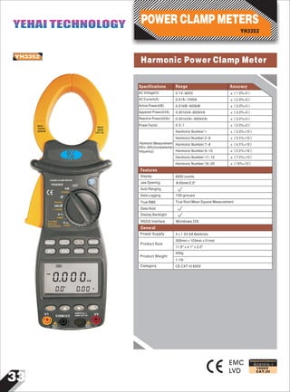 33
IEC61010-1
1000V
CAT.III
YH3352
EMC
LVD
Harmonic Power Clamp Meter
MAX
1000A
600kW
MAX
600V
CAT.III
CLEARRS232WattSET
MODE I U
True RMS
AUTO RANGE
OFFYH3352
POWER CLAMP METER HOLD
H
kW
1PHASE
1PHASE
kW/
3 PHASE
A
HARM
V
~
~HARM
Harmonic
READ
REC
V3
COM/V2
V1
SAVE
EN61010-1
600V CAT III
MAX
600V
kW0000
00000A
~
V
APS
~
MAX
600V~
Designed and Conforms to
Display
Jaw Opening
Auto Ranging
Data Logging
6000 counts
Φ50mm/2.0"
100 groups
True Root Mean Square MeasurementTrue RMS
Data Hold
Display Backlight
AC Voltage(V) ±（1.0%+5）
AC Current(A)
0.1V~600V
0.01kW~600kWActive Power(kW)
Apparent Power(kVA)
Reactive Power(kVAr)
Power Factor
Harmonic Measurement
45hz~65hz(fundamental
frequency)
0.01A~1000A
0.001kVA~600kVA
0.001kVAr~600kVAr
0.3~1
Harmonic Number:1
Harmonic Number:2-6
Harmonic Number:7-8
Harmonic Number:9-10
Harmonic Number:11-15
Harmonic Number:16-20
±（2.0%+5）
±（3.0%+5）
±（3.0%+5）
±（3.0%+5）
±（2.0%+2）
±（3.0%+10）
±（3.5%+10）
±（4.5%+10）
±（5.0%+10）
±（7.0%+10）
±（10%+10）
Specifications Range Accuracy
Features
Power Supply
Product Size
Product Weight
Category
1.1Ib
4×1.5V AA Batteries
300mm×103mm×51mm
11.8"×4.1"×2.0"
500g
CE CAT.III 600V
RS232 Interface Windows OS
General
YH3352
POWER CLAMP METERSYEHAI TECHNOLOGYYEHAI TECHNOLOGY
 