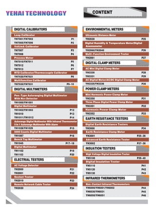CONTENT
Volt/mA Calibrator
YH7007
YH7008
Loop Calibrator
YH7001/YH7002
RTD Calibrator/Thermocouple Calibrator
Multifunction Calibrator
Process Meter
YH7010/YH7011
YH7012
YH7013
YH7020/YH7021
YH7030/YH7031
YH7005/YH7006
YEHAI TECHNOLOGYYEHAI TECHNOLOGY
P1 YH2030 P25
Ultrasonic Distance Meter
P3
P4
P8
P9-10
P2
P5
P6
P7
Digital Humidity & Temperature Meter/
Anemometer
Digital
DIGITAL CALIBRATORS
DIGITAL MULTIMETERS
ENVIRONMENTAL METERS
Three Phase Digital Power Clamp Meter
Harmonic Power Clamp Meter
YH3351 P32
Earth Resistance Clamp Meter
YH3001 P35-36
Digital Insulation Tester
YH5120 P42
YH5110 P41
YH2060/YH2040
AC Mini Digital Clamp Meter
YH3330
YH3331
P28
P29
YH3350 P31
YH3000 P34
YH5100 P39-40
Multi-Function Environment Tester
YH6050/YH6051
YH6030/YH6031
YH6000/YH6001/YH6002
P45
P46
P44
YH2061 P27
AC Digital Meter/AC/DC Digital Clamp Meter
Mini Harmonic Power Clamp Meter
YH3335/YH3336 P30
YH3352 P33
Digital Earth Resistance Testers
Advanced Earth Resistance Tester
YH3002 P37-38
High Voltage Digital Insulation Tester
YH5130 P43
Non-Contact Infrared Thermometers
P26
DIGITAL CLAMP METERS
POWER CLAMP METERS
EARTH RESISTANCE TESTERS
INSUATION TESTERS
INFRARED THERMOMETERS
Digital Multimeter
YH1002/YH1003
YH1011/YH1012
YH1010
Autorange Digital Multimeter With Infrared Thermometer
5 In 1 Autorange Multimeter With Alarm
YH1028/YH1029
Bench Top Multimeter
YH1087
YH1045
Digital Multimeter
YH1102
YH2000
YH2001
Socket Tester
YH2010
Remote Network Cable Tester
YH2020
5000 Counts Digital Multimeter
YH1103
AC Voltage Detector
P11
P12
P13
P14
P15
P16
P17-18
P19
P20
P21
P22
P23
P24
ELECTRIAL TESTERS
YH1000/YH1001
Pen-Type Autoranging Digital Multimeter
With Ncv Detector
 