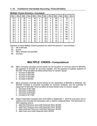 Test Bank for Intermediate Accounting, Thirteenth Edition
3 - 16
Multiple Choice Answers—Conceptual
Item Ans. Item Ans. Item Ans. Item Ans. Item Ans. Item Ans.
21. d 32. a 43. c 54. a 65. c 76. c
22. d 33. a 44. d 55. a 66. d 77. d
23. d 34. b 45. d 56. a 67. c *78. d
24. d 35. d 46. d 57. a 68. d *79. c
25. d 36. d 47. b 58. b 69. d *80. c
26. d 37. d 48. b 59. a 70. d *81. c
27. b 38. c 49. d 60. a 71. b *82. d
28. a 39. d 50. c 61. d 72. c *83. d
29. c 40. d 51. a 62. c 73. b *84. b
30. c 41. a 52. b 63. a 74. b *85. d
31. a 42. b 53. d 64. d 75. c
Solutions to those Multiple Choice questions for which the answer is “none of these.”
23. left or left-side.
24. journal.
37. Many answers are possible.
64. accrued.
MULTIPLE CHOICE—Computational
86. Maso Company recorded journal entries for the issuance of common stock for $40,000,
the payment of $13,000 on accounts payable, and the payment of salaries expense of
$21,000. What net effect do these entries have on owners’ equity?
a. Increase of $40,000.
b. Increase of $27,000.
c. Increase of $19,000.
d. Increase of $6,000.
87. Mune Company recorded journal entries for the declaration of $50,000 of dividends, the
$32,000 increase in accounts receivable for services rendered, and the purchase of
equipment for $21,000. What net effect do these entries have on owners’ equity?
a. Decrease of $71,000.
b. Decrease of $39,000.
c. Decrease of $18,000.
d. Increase of $11,000.
88. Pappy Corporation received cash of $13,500 on September 1, 2010 for one year’s rent in
advance and recorded the transaction with a credit to Unearned Rent. The December 31,
2010 adjusting entry is
a. debit Rent Revenue and credit Unearned Rent, $4,500.
b. debit Rent Revenue and credit Unearned Rent, $9,000.
c. debit Unearned Rent and credit Rent Revenue, $4,500.
d. debit Cash and credit Unearned Rent, $9,000.
 