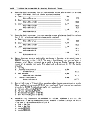 Test Bank for Intermediate Accounting, Thirteenth Edition
3 - 18
94. Assuming that the company does not use reversing entries, what entry should be made
on April 1, 2011 when the annual interest payment is received?
a. Cash ...................................................................................... 600
Interest Revenue ...................................................... 600
b. Cash ...................................................................................... 1,800
Interest Receivable ................................................... 1,800
c. Cash ...................................................................................... 2,400
Interest Receivable ................................................... 1,800
Interest Revenue ...................................................... 600
d. Cash ...................................................................................... 2,400
Interest Revenue ...................................................... 2,400
*95. Assuming that the company does use reversing entries, what entry should be made on
April 1, 2011 when the annual interest payment is received?
a. Cash ...................................................................................... 600
Interest Revenue ...................................................... 600
b. Cash ...................................................................................... 1,800
Interest Receivable ................................................... 1,800
c. Cash ..................................................................................... 2,400
Interest Receivable ................................................... 1,800
Interest Revenue ...................................................... 600
d. Cash ...................................................................................... 2,400
Interest Revenue ....................................................... 2,400
96. Murphy Company sublet a portion of its warehouse for five years at an annual rental of
$24,000, beginning on May 1, 2010. The tenant, Sheri Charter, paid one year's rent in
advance, which Murphy recorded as a credit to Unearned Rental Revenue. Murphy
reports on a calendar-year basis. The adjustment on December 31, 2010 for Murphy
should be
a. No entry
b. Unearned Rent Revenue ...................................................... 8,000
Rent Revenue ........................................................... 8,000
c. Rent Revenue ....................................................................... 8,000
Unearned Rent Revenue .......................................... 8,000
d. Unearned Rent Revenue ...................................................... 16,000
Revenue Revenue..................................................... 16,000
97. During the first year of Wilkinson Co.'s operations, all purchases were recorded as assets.
Store supplies in the amount of $19,350 were purchased. Actual year-end store supplies
amounted to $6,450. The adjusting entry for store supplies will
a. increase net income by $12,900.
b. increase expenses by $12,900.
c. decrease store supplies by $6,450.
d. debit Accounts Payable for $6,450.
98. Big-Mouth Frog Corporation had revenues of $200,000, expenses of $120,000, and
dividends of $30,000. When Income Summary is closed to Retained Earnings, the amount
of the debit or credit to Retained Earnings is a
a. debit of $50,000.
b. debit of $80,000.
c. credit of $50,000.
d. credit of $80,000.
 