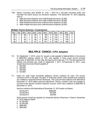 The Accounting Information System 3 - 21
*109. Gibson Company paid $3,600 on June 1, 2010 for a two-year insurance policy and
recorded the entire amount as Insurance Expense. The December 31, 2010 adjusting
entry is
a. debit Insurance Expense and credit Prepaid Insurance, $1,050.
b. debit Insurance Expense and credit Prepaid Insurance, $2,550.
c. debit Prepaid Insurance and credit Insurance Expense, $1,050
d. debit Prepaid Insurance and credit Insurance Expense, $2,550.
Multiple Choice Answers—Computational
Item Ans. Item Ans. Item Ans. Item Ans
.
Item Ans
.
Item Ans.
86. c 90. d 94. c 98. d *102. c *106. c
87. c 91. c 95. d *99. b *103. c *107. b
88. c 92. b 96. d *100. b *104. c *108. a
89. c 93. c 97. b *101. d *105. d *109. d
MULTIPLE CHOICE—CPA Adapted
110. On September 1, 2010, Lowe Co. issued a note payable to National Bank in the amount
of $600,000, bearing interest at 12%, and payable in three equal annual principal
payments of $200,000. On this date, the bank's prime rate was 11%. The first payment for
interest and principal was made on September 1, 2011. At December 31, 2011, Lowe
should record accrued interest payable of
a. $24,000.
b. $22,000.
c. $16,000.
d. $14,667.
111. Eaton Co. sells major household appliance service contracts for cash. The service
contracts are for a one-year, two-year, or three-year period. Cash receipts from contracts
are credited to Unearned Service Revenues. This account had a balance of $1,800,000 at
December 31, 2010 before year-end adjustment. Service contract costs are charged as
incurred to the Service Contract Expense account, which had a balance of $450,000 at
December 31, 2010.
Service contracts still outstanding at December 31, 2010 expire as follows:
During 2011 $380,000
During 2012 570,000
During 2013 350,000
What amount should be reported as Unearned Service Revenues in Eaton's December
31, 2010 balance sheet?
a. $1,350,000.
b. $1,300,000.
c. $850,000.
d. $500,000.
 