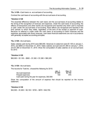 The Accounting Information System 3 - 31
*Ex. 3-128—Cash basis vs. accrual basis of accounting.
Contrast the cash basis of accounting with the accrual basis of accounting.
*Solution 3-128
The essential difference between the cash basis and the accrual basis of accounting relates to
the timing of the recognition of revenues and expenses. Under the cash basis of accounting, the
effects of transactions and other events are recognized and reported only when cash is received
or paid. Under the accrual basis of accounting, these effects are recognized and reported in the
time periods to which they relate, regardless of the time of the receipt or payment of cash.
Because no attempt is made under the cash basis of accounting to match revenues and the
expenses associated with those revenues, cash basis financial statements are not in accordance
with generally accepted accounting principles.
*Ex. 3-129—Accrual basis.
Sales salaries paid during 2010 were $60,000. Advances to salesmen were $1,100 on January 1,
2010, and $800 on December 31, 2010. Sales salaries accrued were $1,360 on January 1, 2010,
and $1,380 on December 31, 2010. Show the computation of sales salaries on an accrual basis
for 2010.
*Solution 3-129
$60,000 + $1,100 – $800 – $1,360 + $1,380 = $60,320.
*Ex. 3-130—Accrual basis.
The records for Todd Inc. showed the following for 2010:
Jan. 1 Dec. 31
Accrued expenses $1,800 $2,150
Prepaid expenses 720 870
Cash paid during the year for expenses, $42,500
Show the computation of the amount of expense that should be reported on the income
statement.
*Solution 3-130
$42,500 – $1,800 + $2,150 + $720 – $870 = $42,700.
 