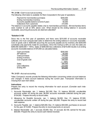 The Accounting Information System 3 - 37
*Pr. 3-136—Cash to accrual accounting.
The following information is available for Renn Corporation's first year of operations:
Payment for merchandise purchases $250,000
Ending merchandise inventory 110,000
Accounts payable (balance at end of year) 60,000
Collections from customers 210,000
The balance in accounts payable relates only to merchandise purchases. All merchandise items
were marked to sell at 40% above cost. What should be the ending balance in accounts
receivable, assuming all accounts are deemed collectible?
*Solution 3-136
Since this is the first year of operations and there were $210,000 of accounts receivable
collected, one must compute total sales to determine the ending balance in accounts receivable.
Cost of goods sold is $200,000 assuming the accounts payable are for inventory (the $250,000
constitutes only payments made for purchases). Since the markup is 40% on cost, the sales are
$280,000 ($200,000 × 140%). Sales of $280,000 less collections of $210,000 results in an ending
accounts receivable balance of $70,000 as calculated below.
Cash purchases $250,000
A/P balance 60,000
Total purchases 310,000
Ending inventory 110,000
Cost of goods sold 200,000
× 140%
Sales 280,000
Less collections 210,000
Ending A/R $70,000
*Pr. 3-137—Accrual accounting.
Yates Company's records provide the following information concerning certain account balances
and changes in these account balances during the current year. Transaction information is
missing from each item below.
Instructions
Prepare the entry to record the missing information for each account. (Consider each inde-
pendently.)
1. Accounts Receivable: Jan. 1, balance $41,000, Dec. 31, balance $55,000, uncollectible
accounts written off during the year, $6,000; accounts receivable collected during the year,
$134,000. Prepare the entry to record sales.
2. Allowance for Doubtful Accounts: Jan. 1, balance $4,000, Dec. 31, balance $7,500,
uncollectible accounts written off during the year, $25,000. Prepare the entry to record bad
debt expense.
3. Accounts Payable: Jan. 1, balance $25,000, Dec. 31, balance $44,000, purchases on account
for the year, $110,000. Prepare the entry to record payments on account.
4. Interest Receivable: Jan. 1 accrued, $3,000, Dec. 31 accrued, $2,100, earned for the year,
$30,000. Prepare the entry to record cash interest received.
 
