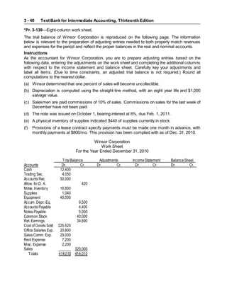 Test Bank for Intermediate Accounting, Thirteenth Edition
3 - 40
*Pr. 3-139—Eight-column work sheet.
The trial balance of Winsor Corporation is reproduced on the following page. The information
below is relevant to the preparation of adjusting entries needed to both properly match revenues
and expenses for the period and reflect the proper balances in the real and nominal accounts.
Instructions
As the accountant for Winsor Corporation, you are to prepare adjusting entries based on the
following data, entering the adjustments on the work sheet and completing the additional columns
with respect to the income statement and balance sheet. Carefully key your adjustments and
label all items. (Due to time constraints, an adjusted trial balance is not required.) Round all
computations to the nearest dollar.
(a) Winsor determined that one percent of sales will become uncollectible.
(b) Depreciation is computed using the straight-line method, with an eight year life and $1,000
salvage value.
(c) Salesmen are paid commissions of 10% of sales. Commissions on sales for the last week of
December have not been paid.
(d) The note was issued on October 1, bearing interest at 8%, due Feb. 1, 2011.
(e) A physical inventory of supplies indicated $440 of supplies currently in stock.
(f) Provisions of a lease contract specify payments must be made one month in advance, with
monthly payments at $800/mo. This provision has been complied with as of Dec. 31, 2010.
Winsor Corporation
Work Sheet
For the Year Ended December 31, 2010
TrialBalance Adjustments IncomeStatement BalanceSheet
Accounts Dr. Cr. Dr. Cr. Dr. Cr. Dr. Cr.
Cash 12,400
Trading Sec. 4,050
Accounts Rec. 50,000
Allow. for D. A. 420
Mdse. Inventory 16,800
Supplies 1,040
Equipment 45,000
Accum. Depr.-Eq. 9,500
Accounts Payable 4,400
Notes Payable 5,000
Common Stock 40,000
Ret. Earnings 34,690
Cost of Goods Sold 225,520
Office Salaries Exp. 20,800
Sales Comm. Exp. 29,000
Rent Expense 7,200
Misc. Expense 2,200
Sales 320,000
Totals 414,010 414,010
 