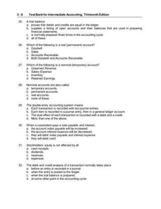 Test Bank for Intermediate Accounting, Thirteenth Edition
3 - 8
25. A trial balance
a. proves that debits and credits are equal in the ledger.
b. supplies a listing of open accounts and their balances that are used in preparing
financial statements.
c. is normally prepared three times in the accounting cycle.
d. all of these.
26. Which of the following is a real (permanent) account?
a. Goodwill
b. Sales
c. Accounts Receivable
d. Both Goodwill and Accounts Receivable
27. Which of the following is a nominal (temporary) account?
a. Unearned Revenue
b. Salary Expense
c. Inventory
d. Retained Earnings
28. Nominal accounts are also called
a. temporary accounts.
b. permanent accounts.
c. real accounts.
d. none of these.
29. The double-entry accounting system means
a. Each transaction is recorded with two journal entries.
b. Each item is recorded in a journal entry, then in a general ledger account.
c. The dual effect of each transaction is recorded with a debit and a credit.
d. More than one of the above.
30. When a corporation pays a note payable and interest,
a. the account notes payable will be increased.
b. the account interest expense will be decreased.
c. they will debit notes payable and interest expense.
d. they will debit cash.
31. Stockholders’ equity is not affected by all
a. cash receipts.
b. dividends.
c. revenues.
d. expenses.
32. The debit and credit analysis of a transaction normally takes place
a. before an entry is recorded in a journal.
b. when the entry is posted to the ledger.
c. when the trial balance is prepared.
d. at some other point in the accounting cycle.
 