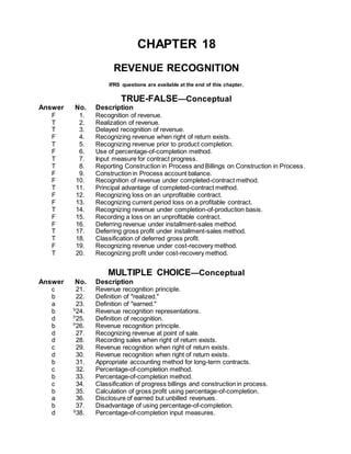 CHAPTER 18
REVENUE RECOGNITION
IFRS questions are available at the end of this chapter.
TRUE-FALSE—Conceptual
Answer No. Description
F 1. Recognition of revenue.
T 2. Realization of revenue.
T 3. Delayed recognition of revenue.
F 4. Recognizing revenue when right of return exists.
T 5. Recognizing revenue prior to product completion.
F 6. Use of percentage-of-completion method.
T 7. Input measure for contract progress.
T 8. Reporting Construction in Process and Billings on Construction in Process.
F 9. Construction in Process account balance.
F 10. Recognition of revenue under completed-contract method.
T 11. Principal advantage of completed-contract method.
F 12. Recognizing loss on an unprofitable contract.
F 13. Recognizing current period loss on a profitable contract.
T 14. Recognizing revenue under completion-of-production basis.
F 15. Recording a loss on an unprofitable contract.
F 16. Deferring revenue under installment-sales method.
T 17. Deferring gross profit under installment-sales method.
T 18. Classification of deferred gross profit.
F 19. Recognizing revenue under cost-recovery method.
T 20. Recognizing profit under cost-recovery method.
MULTIPLE CHOICE—Conceptual
Answer No. Description
c 21. Revenue recognition principle.
b 22. Definition of "realized."
a 23. Definition of "earned."
b S
24. Revenue recognition representations.
d P
25. Definition of recognition.
b P
26. Revenue recognition principle.
d 27. Recognizing revenue at point of sale.
d 28. Recording sales when right of return exists.
c 29. Revenue recognition when right of return exists.
d 30. Revenue recognition when right of return exists.
b 31. Appropriate accounting method for long-term contracts.
c 32. Percentage-of-completion method.
b 33. Percentage-of-completion method.
c 34. Classification of progress billings and construction in process.
b 35. Calculation of gross profit using percentage-of-completion.
a 36. Disclosure of earned but unbilled revenues.
b 37. Disadvantage of using percentage-of-completion.
d S
38. Percentage-of-completion input measures.
 
