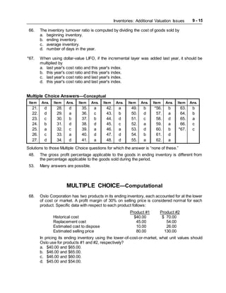 Inventories: Additional Valuation Issues 9 - 15
66. The inventory turnover ratio is computed by dividing the cost of goods sold by
a. beginning inventory.
b. ending inventory.
c. average inventory.
d. number of days in the year.
*67. When using dollar-value LIFO, if the incremental layer was added last year, it should be
multiplied by
a. last year's cost ratio and this year's index.
b. this year's cost ratio and this year's index.
c. last year's cost ratio and last year's index.
d. this year's cost ratio and last year's index.
Multiple Choice Answers—Conceptual
Item Ans. Item Ans. Item Ans. Item Ans. Item Ans. Item Ans. Item Ans.
21. d 28. d 35. a 42. a 49. b *56. b 63. b
22. d 29. a 36. c 43. b 50. d 57. a 64. b
23. c 30. b 37. b 44. d 51. c 58. d 65. a
24. b 31. d 38. d 45. c 52. a 59. a 66. c
25. a 32. c 39. a 46. a 53. d 60. b *67. c
26. c 33. a 40. d 47. d 54. b 61. d
27. d 34. d 41. a 48. d 55. a 62. a
Solutions to those Multiple Choice questions for which the answer is “none of these.”
48. The gross profit percentage applicable to the goods in ending inventory is different from
the percentage applicable to the goods sold during the period.
53. Many answers are possible.
MULTIPLE CHOICE—Computational
68. Oslo Corporation has two products in its ending inventory, each accounted for at the lower
of cost or market. A profit margin of 30% on selling price is considered normal for each
product. Specific data with respect to each product follows:
Product #1 Product #2
Historical cost $40.00 $ 70.00
Replacement cost 45.00 54.00
Estimated cost to dispose 10.00 26.00
Estimated selling price 80.00 130.00
In pricing its ending inventory using the lower-of-cost-or-market, what unit values should
Oslo use for products #1 and #2, respectively?
a. $40.00 and $65.00.
b. $46.00 and $65.00.
c. $46.00 and $60.00.
d. $45.00 and $54.00.
 