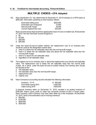 Test Bank for Intermediate Accounting, Thirteenth Edition
9 - 30
MULTIPLE CHOICE—CPA Adapted
132. Ryan Distribution Co. has determined its December 31, 2010 inventory on a FIFO basis at
$250,000. Information pertaining to that inventory follows:
Estimated selling price $255,000
Estimated cost of disposal 10,000
Normal profit margin 30,000
Current replacement cost 225,000
Ryan records losses that result from applying the lower-of-cost-or-market rule. At December
31, 2010, the loss that Ryan should recognize is
a. $0.
b. $5,000.
c. $20,000.
d. $25,000.
133. Under the lower-of-cost-or-market method, the replacement cost of an inventory item
would be used as the designated market value
a. when it is below the net realizable value less the normal profit margin.
b. when it is below the net realizable value and above the net realizable value less the
normal profit margin.
c. when it is above the net realizable value.
d. regardless of net realizable value.
134. The original cost of an inventory item is above the replacement cost and the net realizable
value. The replacement cost is below the net realizable value less the normal profit
margin. As a result, under the lower-of-cost-or-market method, the inventory item should
be reported at the
a. net realizable value.
b. net realizable value less the normal profit margin.
c. replacement cost.
d. original cost.
135. Keen Company's accounting records indicated the following information:
Inventory, 1/1/10 $ 600,000
Purchases during 2010 3,000,000
Sales during 2010 3,800,000
A physical inventory taken on December 31, 2010, resulted in an ending inventory of
$700,000. Keen's gross profit on sales has remained constant at 25% in recent years.
Keen suspects some inventory may have been taken by a new employee. At December
31, 2010, what is the estimated cost of missing inventory?
a. $50,000.
b. $150,000.
c. $200,000.
d. $250,000.
 