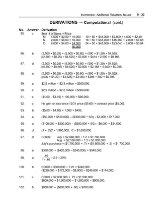 Inventories: Additional Valuation Issues 9 - 33
DERIVATIONS — Computational (cont.)
No. Answer Derivation
85. c Item # of Items × Price
M 4,000 × $2.50 = 10,000 10 ÷ 50 × $48,000 = $9,600 ÷ 4,000 = $2.40
N 2,000 × $8.00 = 16,000 16 ÷ 50 × $48,000 = $15,360 ÷ 2,000 = $7.68
O 6,000 × $4.00 = 24,000 24 ÷ 50 × $48,000 = $23,040 ÷ 6,000 = $3.84
50,000
86. b (2,500 × $0.25) + (5,500 × $0.60) + (500 × $1.20) = $4,525;
[(2,500 × $0.25) ÷ $4,525] × $3,000 = $414 ÷ 2,500 = $0.166.
87. d (2,500 × $0.25) + (5,500 × $0.60) + (500 × $1.20) = $4,525;
[(5,500 × $0.60) ÷ $4,525] × $3,000 = $2,188 ÷ 5,500 = $0.398.
88. a (2,500 × $0.25) + (5,500 × $0.60) + (500 × $1.20) = $4,525;
[(500 × $1.20) ÷ $4,525] × $3,000 = $398 ÷ 500 = $0.796.
89. a $2.5 million – $2.3 million = $200,000.
90. c $2.5 million – $2.2 million = $300,000.
91. c ($4.00 – $3.10) × 100,000 = $90,000.
92. c No gain or loss since 12/31 price ($5.60) > contract price ($5,00).
93. b ($5.00 – $4.60) × 1,000 = $400.
94. a ($50,000 + $150,000) – ($300,000 ÷ 5/3) – $3,000 = $17,000.
95. a ($100,000 + $300,000) – ($600,000 ÷ 5/3) – $6,000 = $34,000.
96. d (1 + .2)C = 1,980,000; C = $1,650,000.
97. d COGS: July = $2,040,000 ÷ 1.2 = $1,700,000
Aug. = $2,160,000 ÷ 1.2 = $1,800,000
July's purchase = ($1,700,000 × .7) + ($1,800,000 × .3) = $1,730,000.
98. a $360,000 + ($420,000 – $240,000) = $540,000.
99. a
.40
2.9 29%
1 .40
 

100. b COGS = $300,000 ÷ 1.25 = $240,000
($220,000 + $172,000 – $8,000) – $240,000 = $144,000.
101. c COGS = $2,000,000 × .75 = $1,500,000
$800,000 + $1,600,000 – $1,500,000 = $900,000.
102. b $900,000 – ($800,000 × .80) = $260,000.
 