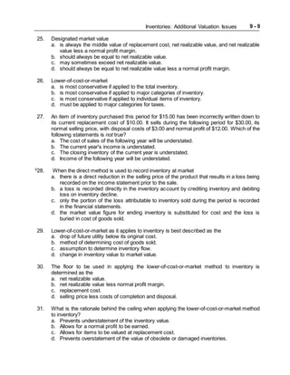 Inventories: Additional Valuation Issues 9 - 9
25. Designated market value
a. is always the middle value of replacement cost, net realizable value, and net realizable
value less a normal profit margin.
b. should always be equal to net realizable value.
c. may sometimes exceed net realizable value.
d. should always be equal to net realizable value less a normal profit margin.
26. Lower-of-cost-or-market
a. is most conservative if applied to the total inventory.
b. is most conservative if applied to major categories of inventory.
c. is most conservative if applied to individual items of inventory.
d. must be applied to major categories for taxes.
27. An item of inventory purchased this period for $15.00 has been incorrectly written down to
its current replacement cost of $10.00. It sells during the following period for $30.00, its
normal selling price, with disposal costs of $3.00 and normal profit of $12.00. Which of the
following statements is not true?
a. The cost of sales of the following year will be understated.
b. The current year's income is understated.
c. The closing inventory of the current year is understated.
d. Income of the following year will be understated.
S
28. When the direct method is used to record inventory at market
a. there is a direct reduction in the selling price of the product that results in a loss being
recorded on the income statement prior to the sale.
b. a loss is recorded directly in the inventory account by crediting inventory and debiting
loss on inventory decline.
c. only the portion of the loss attributable to inventory sold during the period is recorded
in the financial statements.
d. the market value figure for ending inventory is substituted for cost and the loss is
buried in cost of goods sold.
29. Lower-of-cost-or-market as it applies to inventory is best described as the
a. drop of future utility below its original cost.
b. method of determining cost of goods sold.
c. assumption to determine inventory flow.
d. change in inventory value to market value.
30. The floor to be used in applying the lower-of-cost-or-market method to inventory is
determined as the
a. net realizable value.
b. net realizable value less normal profit margin.
c. replacement cost.
d. selling price less costs of completion and disposal.
31. What is the rationale behind the ceiling when applying the lower-of-cost-or-market method
to inventory?
a. Prevents understatement of the inventory value.
b. Allows for a normal profit to be earned.
c. Allows for items to be valued at replacement cost.
d. Prevents overstatement of the value of obsolete or damaged inventories.
 