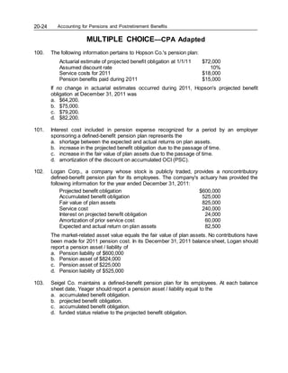 Accounting for Pensions and Postretirement Benefits
20-24
MULTIPLE CHOICE—CPA Adapted
100. The following information pertains to Hopson Co.'s pension plan:
Actuarial estimate of projected benefit obligation at 1/1/11 $72,000
Assumed discount rate 10%
Service costs for 2011 $18,000
Pension benefits paid during 2011 $15,000
If no change in actuarial estimates occurred during 2011, Hopson's projected benefit
obligation at December 31, 2011 was
a. $64,200.
b. $75,000.
c. $79,200.
d. $82,200.
101. Interest cost included in pension expense recognized for a period by an employer
sponsoring a defined-benefit pension plan represents the
a. shortage between the expected and actual returns on plan assets.
b. increase in the projected benefit obligation due to the passage of time.
c. increase in the fair value of plan assets due to the passage of time.
d. amortization of the discount on accumulated OCI (PSC).
102. Logan Corp., a company whose stock is publicly traded, provides a noncontributory
defined-benefit pension plan for its employees. The company's actuary has provided the
following information for the year ended December 31, 2011:
Projected benefit obligation $600,000
Accumulated benefit obligation 525,000
Fair value of plan assets 825,000
Service cost 240,000
Interest on projected benefit obligation 24,000
Amortization of prior service cost 60,000
Expected and actual return on plan assets 82,500
The market-related asset value equals the fair value of plan assets. No contributions have
been made for 2011 pension cost. In its December 31, 2011 balance sheet, Logan should
report a pension asset / liability of
a. Pension liability of $600,000
b. Pension asset of $824,000
c. Pension asset of $225,000
d. Pension liability of $525,000
103. Seigel Co. maintains a defined-benefit pension plan for its employees. At each balance
sheet date, Yeager should report a pension asset / liability equal to the
a. accumulated benefit obligation.
b. projected benefit obligation.
c. accumulated benefit obligation.
d. funded status relative to the projected benefit obligation.
 