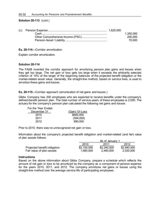 Accounting for Pensions and Postretirement Benefits
20-32
Solution 20-113 (cont.)
(c) Pension Expense............................................................................ 1,620,000
Cash.................................................................................... 1,350,000
Other Comprehensive Income (PSC)................................. 200,000
Pension Asset / Liability...................................................... 70,000
Ex. 20-114—Corridor amortization.
Explain corridor amortization.
Solution 20-114
The FASB invented the corridor approach for amortizing pension plan gains and losses when
they get too large. The net gain or loss gets too large when it exceeds the arbitrarily selected
criterion of 10% of the larger of the beginning balances of the projected benefit obligation or the
market-related asset value. Generally, the straight-line method, based on service lives, is used to
amortize these gains and losses.
Ex. 20-115—Corridor approach (amortization of net gains and losses.)
Gibbs Company has 200 employees who are expected to receive benefits under the company's
defined-benefit pension plan. The total number of service-years of these employees is 2,000. The
actuary for the company's pension plan calculated the following net gains and losses:
For the Year Ended
December 31 (Gain) Or Loss
2010 $660,000
2011 (594,000)
2012 990,000
Prior to 2010, there was no unrecognized net gain or loss.
Information about the company's projected benefit obligation and market-related (and fair) value
of plan assets follows:
As of January 1
2010 2011 2012
Projected benefit obligation $2,100,000 $2,340,000 $2,940,000
Fair value of plan assets 1,680,000 2,460,000 2,550,000
Instructions
Based on the above information about Gibbs Company, prepare a schedule which reflects the
amount of net gain or loss to be amortized by the company as a component of pension expense
for the years 2010, 2011, and 2012. The company amortizes net gains or losses using the
straight-line method over the average service life of participating employees.
 