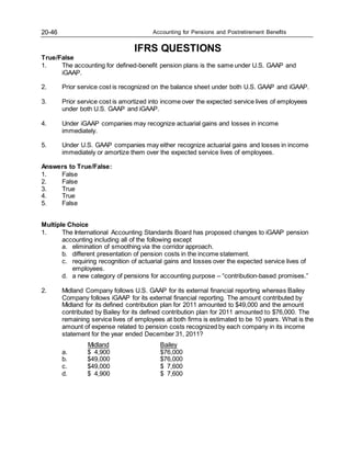 Accounting for Pensions and Postretirement Benefits
20-46
IFRS QUESTIONS
True/False
1. The accounting for defined-benefit pension plans is the same under U.S. GAAP and
iGAAP.
2. Prior service cost is recognized on the balance sheet under both U.S. GAAP and iGAAP.
3. Prior service cost is amortized into income over the expected service lives of employees
under both U.S. GAAP and iGAAP.
4. Under iGAAP companies may recognize actuarial gains and losses in income
immediately.
5. Under U.S. GAAP companies may either recognize actuarial gains and losses in income
immediately or amortize them over the expected service lives of employees.
Answers to True/False:
1. False
2. False
3. True
4. True
5. False
Multiple Choice
1. The International Accounting Standards Board has proposed changes to iGAAP pension
accounting including all of the following except
a. elimination of smoothing via the corridor approach.
b. different presentation of pension costs in the income statement.
c. requiring recognition of actuarial gains and losses over the expected service lives of
employees.
d. a new category of pensions for accounting purpose – “contribution-based promises.”
2. Midland Company follows U.S. GAAP for its external financial reporting whereas Bailey
Company follows iGAAP for its external financial reporting. The amount contributed by
Midland for its defined contribution plan for 2011 amounted to $49,000 and the amount
contributed by Bailey for its defined contribution plan for 2011 amounted to $76,000. The
remaining service lives of employees at both firms is estimated to be 10 years. What is the
amount of expense related to pension costs recognized by each company in its income
statement for the year ended December 31, 2011?
Midland Bailey
a. $ 4,900 $76,000
b. $49,000 $76,000
c. $49,000 $ 7,600
d. $ 4,900 $ 7,600
 