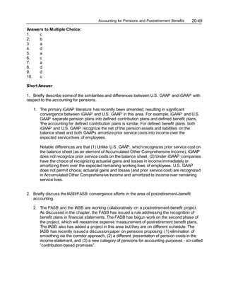 Accounting for Pensions and Postretirement Benefits 20-49
Answers to Multiple Choice:
1. c
2. b
3. a
4. d
5. a
6. c
7. a
8. d
9. d
10. c
Short Answer
1. Briefly describe some of the similarities and differences between U.S. GAAP and iGAAP with
respect to the accounting for pensions.
1. The primary iGAAP literature has recently been amended, resulting in significant
convergence between iGAAP and U.S. GAAP in this area. For example, iGAAP and U.S.
GAAP separate pension plans into defined contribution plans and defined benefit plans.
The accounting for defined contribution plans is similar. For defined benefit plans, both
iGAAP and U.S. GAAP recognize the net of the pension assets and liabilities on the
balance sheet and both GAAPs amortize prior service costs into income over the
expected service lives of employees.
Notable differences are that (1) Unlike U.S. GAAP, which recognizes prior service cost on
the balance sheet (as an element of Accumulated Other Comprehensive Income), iGAAP
does not recognize prior service costs on the balance sheet, (2) Under iGAAP companies
have the choice of recognizing actuarial gains and losses in income immediately or
amortizing them over the expected remaining working lives of employees. U.S. GAAP
does not permit choice; actuarial gains and losses (and prior service cost) are recognized
in Accumulated Other Comprehensive Income and amortized to income over remaining
service lives.
2. Briefly discuss the IASB/FASB convergence efforts in the area of postretirement-benefit
accounting.
2. The FASB and the IASB are working collaboratively on a postretirement-benefit project.
As discussed in the chapter, the FASB has issued a rule addressing the recognition of
benefit plans in financial statements. The FASB has begun work on the second phase of
the project, which will reexamine expense measurement of postretirement benefit plans.
The IASB also has added a project in this area but they are on different schedule. The
IASB has recently issued a discussion paper on pensions proposing: (1) elimination of
smoothing via the corridor approach, (2) a different presentation of pension costs in the
income statement, and (3) a new category of pensions for accounting purposes - so-called
“contribution-based promises”.
 