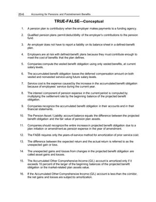 Accounting for Pensions and Postretirement Benefits
20-6
TRUE-FALSE—Conceptual
1. A pension plan is contributory when the employer makes payments to a funding agency.
2. Qualified pension plans permit deductibility of the employer’s contributions to the pension
fund.
3. An employer does not have to report a liability on its balance sheet in a defined-benefit
plan.
4. Employers are at risk with defined-benefit plans because they must contribute enough to
meet the cost of benefits that the plan defines.
5. Companies compute the vested benefit obligation using only vested benefits, at current
salary levels.
6. The accumulated benefit obligation bases the deferred compensation amount on both
vested and nonvested service using future salary levels.
7. Service cost is the expense caused by the increase in the accumulated benefit obligation
because of employees’ service during the current year.
8. The interest component of pension expense in the current period is computed by
multiplying the settlement rate by the beginning balance of the projected benefit
obligation.
9. Companies recognize the accumulated benefit obligation in their accounts and in their
financial statements.
10. The Pension Asset / Liability account balance equals the difference between the projected
benefit obligation and the fair value of pension plan assets.
11. Companies should recognize the entire increase in projected benefit obligation due to a
plan initiation or amendment as pension expense in the year of amendment.
12. The FASB requires only the years-of-service method for amortization of prior service cost.
13. The difference between the expected return and the actual return is referred to as the
unexpected gain or loss.
14. The unexpected gains and losses from changes in the projected benefit obligation are
called asset gains and losses.
15. The Accumulated Other Comprehensive Income (G/L) account is amortized only if it
exceeds 10 percent of the larger of the beginning balances of the projected benefit
obligation or the market-related plan assets value.
16. If the Accumulated Other Comprehensive Income (G/L) account is less than the corridor,
the net gains and losses are subject to amortization.
 