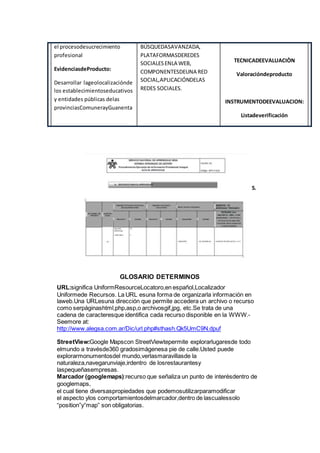 el procesodesucrecimiento
profesional
EvidenciasdeProducto:
Desarrollar lageolocalizaciónde
los establecimientoseducativos
y entidades públicas delas
provinciasComunerayGuanenta
BÚSQUEDASAVANZADA,
PLATAFORMASDEREDES
SOCIALESENLA WEB,
COMPONENTESDEUNA RED
SOCIAL,APLICACIÓNDELAS
REDES SOCIALES.
TECNICADEEVALUACIÒN
Valoracióndeproducto
INSTRUMENTODEEVALUACION:
Listadeverificación
5.
GLOSARIO DETERMINOS
URL:significa UniformResourceLocatoro,en español,Localizador
Uniformede Recursos. La URL esuna forma de organizarla información en
laweb.Una URLesuna dirección que permite accedera un archivo o recurso
como serpáginashtml,php,asp,o archivosgif,jpg, etc.Se trata de una
cadena de caracteresque identifica cada recurso disponible en la WWW.-
Seemore at:
http://www.alegsa.com.ar/Dic/url.php#sthash.Qk5UmC9N.dpuf
StreetView:Google Mapscon StreetViewtepermite explorarlugaresde todo
elmundo a travésde360 gradosimágenesa pie de calle.Usted puede
explorarmonumentosdel mundo,verlasmaravillasde la
naturaleza,navegarunviaje,irdentro de losrestaurantesy
laspequeñasempresas.
Marcador (googlemaps):recurso que señaliza un punto de interésdentro de
googlemaps,
el cual tiene diversaspropiedades que podemosutilizarparamodificar
el aspecto ylos comportamientosdelmarcador,dentro de lascualessolo
“position”y“map” son obligatorias.
 