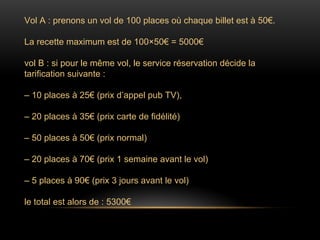 Vol A : prenons un vol de 100 places où chaque billet est à 50€.
La recette maximum est de 100×50€ = 5000€
vol B : si pour le même vol, le service réservation décide la
tarification suivante :
– 10 places à 25€ (prix d’appel pub TV),
– 20 places à 35€ (prix carte de fidélité)
– 50 places à 50€ (prix normal)
– 20 places à 70€ (prix 1 semaine avant le vol)
– 5 places à 90€ (prix 3 jours avant le vol)
le total est alors de : 5300€
 