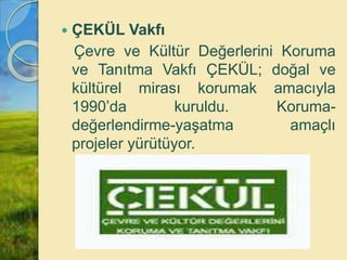  ÇEKÜL Vakfı
Çevre ve Kültür Değerlerini Koruma
ve Tanıtma Vakfı ÇEKÜL; doğal ve
kültürel mirası korumak amacıyla
1990’da kuruldu. Koruma-
değerlendirme-yaşatma amaçlı
projeler yürütüyor.
 