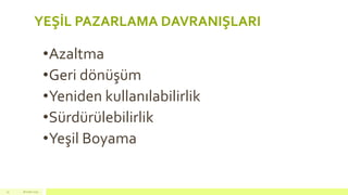 YEŞİL PAZARLAMA DAVRANIŞLARI
•Azaltma
•Geri dönüşüm
•Yeniden kullanılabilirlik
•Sürdürülebilirlik
•Yeşil Boyama
18 mart 201523
 