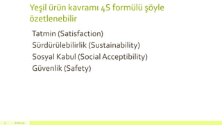 Yeşil ürün kavramı 4S formülü şöyle
özetlenebilir
Tatmin (Satisfaction)
Sürdürülebilirlik (Sustainability)
Sosyal Kabul (SocialAcceptibility)
Güvenlik (Safety)
18 mart 201537
 