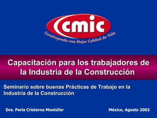 Dra. Perla Cristerna Montúfar  México, Agosto 2003 Capacitación para los trabajadores de la Industria de la Construcción  Seminario sobre buenas Prácticas de Trabajo en la Industria de la Construcción 