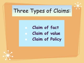 Three Types of Claims:


       Claim of fact
       Claim of value
       Claim of Policy
 
