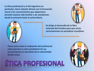 La ética profesional y la del Ingeniero en
particular, tiene relación directa con la formación
moral y los conocimientos que adquirimos
durante nuestra vida familiar y de estudiantes
desde la primaria hasta la universitaria.
Se dirige al desarrollo de la libre
voluntad del hombre para que actúe
correctamente sin perjudicar al prójimo.
Tiene como meta la realización del profesional
como persona y como prestatario de sus
conocimientos en beneficio de la colectividad
donde actúa.
 