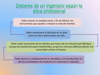 Deberes de un ingeniero según la
ética profesional
Debe conocer la realidad social, a fin de fabricar los
instrumentos que ayuden a mejorar la vida del hombre.
Debe mantenerse al día tanto en su área
como en otras relacionadas con ella.
Debe cuidar la precisión de los diseños que hace y de los artículos que fabrique,
aunque las excelencias pasen inadvertidas; ya que los menores defectos afectan a la
comunidad y llevan al fracaso.
Debe observar cuidadosamente la naturaleza, a fin de descubrir en
ella las posibilidades de emplearla sin violentarla ni alterarla.
 