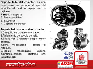 Soporte lado del colector: es una
tapa sirve de soporte al eje del
inducido el cual se apoya en un
cojinete
Partes: 1. soporte
2. Porta escobillas
3. Escobillas
4. Cojinete de bronce
Soporte lado accionamiento: partes:
1.Casquillo de bronce sinterizado.
2.Alojamiento de acople del relé.
3.Bridas con 2 taladros acople motor
térmico.
4.Zona mecanizada acople al
vehículo.
5.Rebajo mecanizado Soporte
intermedio-corona motores con
reductora (B)
 