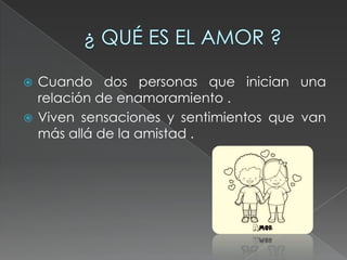  Cuando dos personas que inician una
relación de enamoramiento .
Viven sensaciones y sentimientos que van
más allá de la amistad .