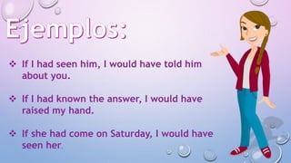  If I had seen him, I would have told him
about you.
 If I had known the answer, I would have
raised my hand.
 If she had come on Saturday, I would have
seen her.
 