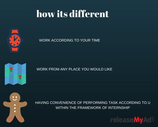 how its different  
WORK ACCORDING TO YOUR TIME
WORK FROM ANY PLACE YOU WOULD LIKE
HAVING CONVENIENCE OF PERFORMING TASK ACCORDING TO U
WITHIN THE FRAMEWORK OF INTERNSHIP
 