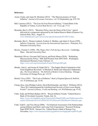 - 24 -
References
Ascari, Guido, and Argia M. Sbordone (2014). “The Macroeconomics of Trend
Inflation,” Journal of Economic Literature, vol. 52 (September), pp. 679-739.
Ball, Laurence (2013). “The Case for Four Percent Inflation,” Central Bank of the
Republic of Turkey, Central Bank Review, vol. 13 (2), pp. 17-31.
Bernanke, Ben S. (2012). “Monetary Policy since the Onset of the Crisis,” speech
delivered at a symposium sponsored by the Federal Reserve Bank of Kansas City,
Jackson Hole, Wyo., August 31,
www.federalreserve.gov/newsevents/speech/bernanke20120831a.htm.
Bernanke, Ben S., Thomas Laubach, Frederic S. Mishkin, and Adam S. Posen (1999).
Inflation Targeting: Lessons from the International Experience. Princeton, N.J.:
Princeton University Press.
Bewley, Truman F. (1999). Why Wages Don’t Fall during a Recession. Cambridge,
Mass.: Harvard University Press.
Blanchard, Olivier, Giovanni Dell’Ariccia, and Paolo Mauro (2010). “Rethinking
Macroeconomic Policy,” IMF Staff Position Note SPN/10/03. Washington:
International Monetary Fund, February 12,
https://www.imf.org/external/pubs/ft/spn/2010/spn1003.pdf.
Blinder, Alan S., and Jeremy B. Rudd (2013). “The Supply-Shock Explanation of the
Great Stagflation Revisited,” in Michael D. Bordo and Athanasios Orphanides,
eds., The Great Inflation: The Rebirth of Modern Central Banking. Chicago:
University of Chicago Press, pp. 119-75.
Briault, Clive (1995). “The Costs of Inflation,” Bank of England Quarterly Bulletin,
vol. 35 (February), pp. 33-45.
Chung, Hess, Jean-Philippe Laforte, David Reifschneider, and John C. Williams (2012).
“Have We Underestimated the Likelihood and Severity of Zero Lower Bound
Events?” Journal of Money, Credit and Banking, vol. 44 (February), pp. 47-82.
Clark, Todd, and William Bednar (2015). “Recent Inflation Trends,” Federal Reserve
Bank of Cleveland, Economic Trends, July 16,
https://www.clevelandfed.org/en/Newsroom%20and%20Events/Publications/Eco
nomic%20Trends/2015/et%2020150716%20recent%20inflation%20trends.aspx.
Clark, Todd E., and Troy Davig (2008). “An Empirical Assessment of the Relationships
among Inflation and Short- and Long-Term Expectations,” Research Working
Paper RWP 08-05. Kansas City: Federal Reserve Bank of Kansas City,
November, https://www.kansascityfed.org/publicat/reswkpap/pdf/rwp08-05.pdf.
 