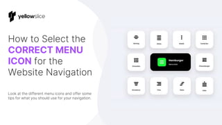 How to Select the
CORRECT MENU
ICON for the
Website Navigation
Look at the different menu icons and offer some
tips for what you should use for your navigation.
 