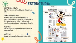 CONTENIDO VISUAL
Son los iconos, fotos, dibujos, diagramas,
etc.
TEXTO INFORMATIVO
En este punto nos referiremos a la
tipografía que usaremos, el tamaño de la
letra, así como su color y sobre todo
recalcar que debe ser breve pero directo.
FUENTES
Aquel lugar de donde hemos extraído la
información.
CRÉDITOS
La persona que ha hecho la infografía.
Estructura:
 