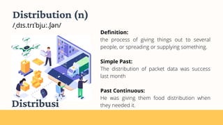 Distribution (n)
/ˌdɪs.trɪˈbjuː.ʃən/
Definition:
the process of giving things out to several
people, or spreading or supplying something.
Simple Past:
The distribution of packet data was success
last month
Past Continuous:
He was giving them food distribution when
they needed it.
Distribusi
 