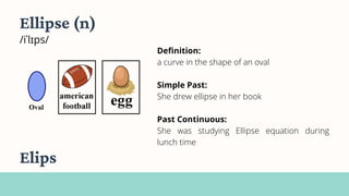 Ellipse (n)
/iˈlɪps/
Definition:
a curve in the shape of an oval
Simple Past:
She drew ellipse in her book
Past Continuous:
She was studying Ellipse equation during
lunch time
Elips
 
