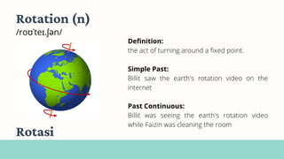 Definition:
the act of turning around a fixed point.
Simple Past:
Billit saw the earth's rotation video on the
internet
Past Continuous:
Billit was seeing the earth's rotation video
while Faizin was cleaning the room
Rotation (n)
/roʊˈteɪ.ʃən/
Rotasi
 