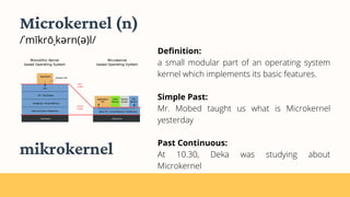 Microkernel (n)
/ˈmīkrōˌkərn(ə)l/
Definition:
a small modular part of an operating system
kernel which implements its basic features.
Simple Past:
Mr. Mobed taught us what is Microkernel
yesterday
Past Continuous:
At 10.30, Deka was studying about
Microkernel
mikrokernel
 