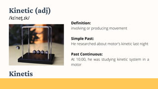 Kinetic (adj)
/kɪˈnet̬.ɪk/
Definition:
involving or producing movement
Simple Past:
He researched about motor's kinetic last night
Past Continuous:
At 10.00, he was studying kinetic system in a
motor
Kinetis
 